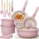 Astercook 21 Pcs Pots and Pans Non Stick Ceramic Cookware Set, Detachable Handles, RV Kitchen Cooking Set, Oven Safe, Induction Ready, Stackable, Pink