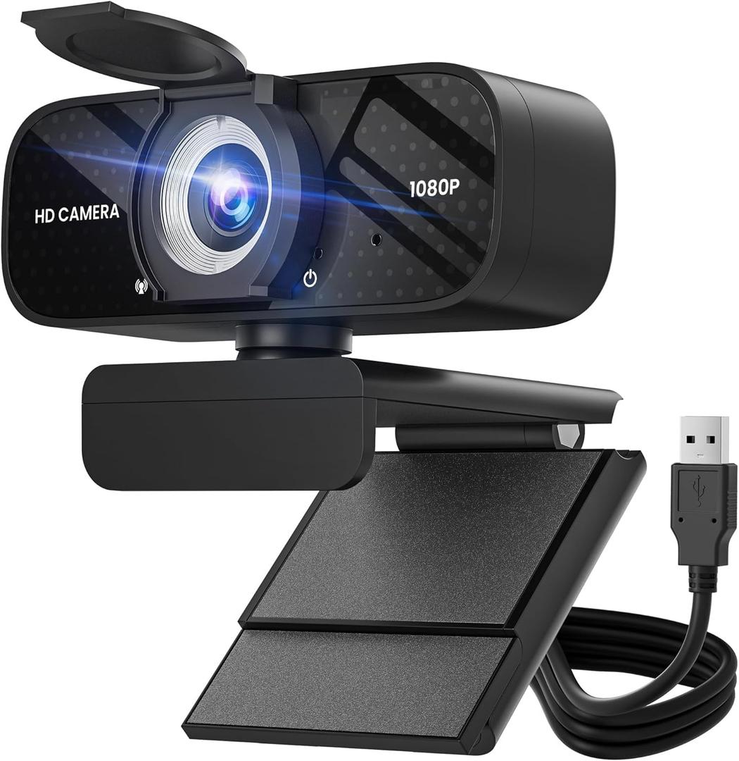 Full HD 1080P Webcam with Built-in Mic Wide Angle & Auto Focus Privacy Cover for PC/Laptop Plug & Play USB Camera Black