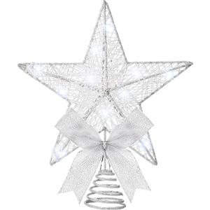 Sumind 9.8 x 11.8 Inch Christmas Star Tree Topper Glittered Star Metal Plug in Treetop Ornaments with Bow and 30 LED String Light for Christmas Tree Indoor Holiday Party Decoration(White)