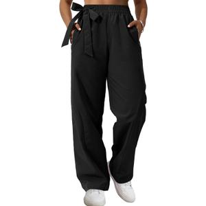 Women's Wide Leg Pants Y2K Trendy Elastic Waist Track Pants Baggy Tie Knot Trousers with Zipper Pockets Streetwear Casual (Black)