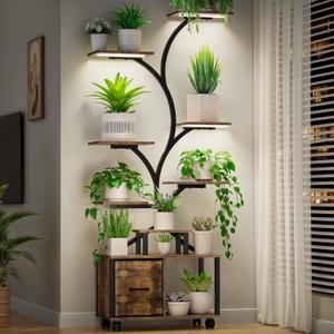 65" Indoor Plant Stand with Grow Lights, Tiered Metal Plant Shelf with Wheels and Drawer, Plant Storage Rack for Home Decor  Brown