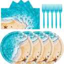 72 Pcs Ocean Waves Paper Plates Disposable Beach Party Birthday Dessert Plates Napkins Forks Tableware Set Summer Pool Party Decoration Supplies for Baby Shower Blue Ocean Hawaiian Birthday, Serve 24