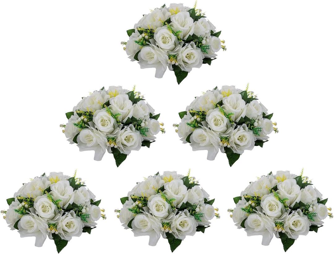 LoveCat Artificial Flower Centerpieces for Tables: 6pcs of Rose Flower Balls, Flower Kissing Balls, Fake 15-Head Plastic Flower Roses with Base for Birthday Party Christmas Home Wedding Decor (White)