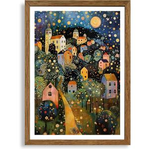 AVECCO Framed Colorful House Village Night Canvas Wall Art, Gustav Klimt Style Moon Stars Tree Wall Decor, Vibrant Starry Landscape Prints for Bathroom Living Room Bedroom Dining Room Office 16x24 in