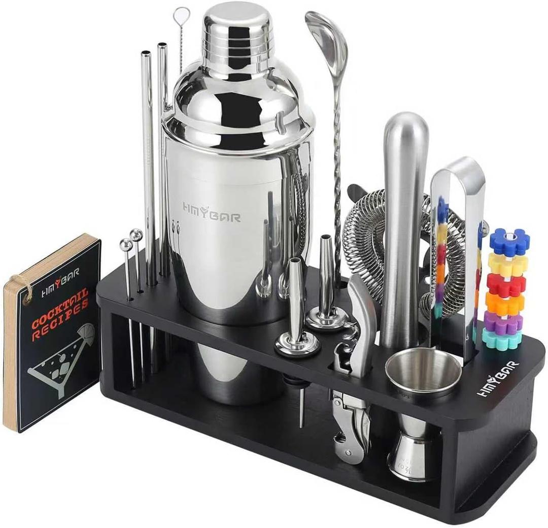 HMYBAR 22-pc Cocktail Shaker Set(24oz/700ml) | Mixology Bartender Kit | Bar Tool Set | Martini Making Set with 39-Recipe Cocktail Cards & Kit's Deco, Bamboo Stand Black Color, Silver Tools