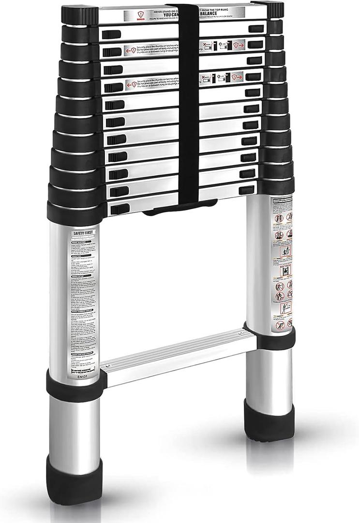 findmall 12.5FT / 3.8M Aluminum Telescopic Ladder Folding Step Inward Sliding Retraction Extension Multi-Use Non-Slip Collapsible