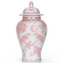 11″ Pink Ginger Jar with Lid Porcelain Stylized Songbirds Floral Temple Jar Chinoiserie Vase Chinese Style Ginger Jars Antique Home Decor for Interior Design