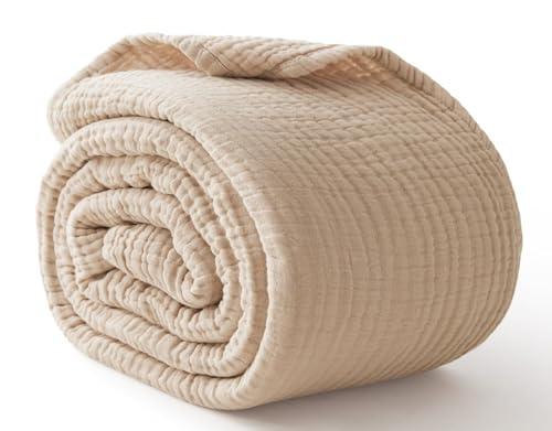 Kozyhvn Cooling Throw Blanket Twin XL 66" x 90", 6 Layers Muslin Blankets 100% Cotton, Breathable and Lightweight Twin Blanket for Bed, Soft Bedspread, Gauze Bedding for All Season, Beige Linen