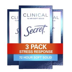 Secret Clinical Strength Antiperspirant Deodorant for Women, Stress Response, 3X Stress & 72hr Sweat & Odor Protection, PH Balancing Minerals, Soft Solid, 1.6 oz (Pack of 3)