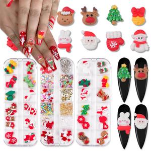 SILPECWEE 3 Boxes 36 Grids 3D Christmas Resin Nail Charms Nail Glitter Sequins Nail Pearls Studs Flat-back Nail Rhinestones Mermaid Beads Nail Jewelry for Acrylic Nails Nail Art Decoration