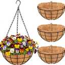 14 Inch Hanging Baskets for Plants Outdoor, 4 Pack Metal Round Wire Hanging Planters with Natural Thick Coco Liners, Garden Patio Decor for Flowers, Herbs, Succulents