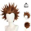 JoneTing Brown Spiky Wig+Hair Cap Short Brown Spiky Wig with Bangs Mens Short Browny Curly Wigs with Bangs for Cosplay Costume Outfit for Halloween Themed Party