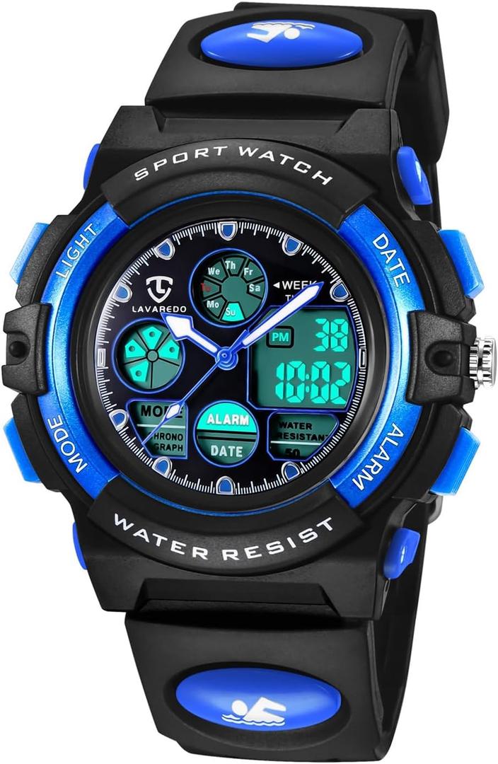 Kids Watch for Boys and Girls Ages 5-15, Analog Digital Waterproof with Alarm Clock Stopwatch, Birthday and Christmas Gifts (01-Blue)
