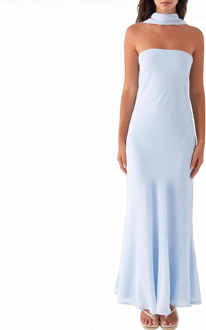 Women Floral Tube Maxi Dress with Scarf Summer Strapless Tube Bodycon Mesh Layer Cocktail Party Wedding Guest Dress, XS