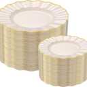 102Pcs Ivory White Plastic Plates with Gold Trim, Heavy Duty Wedding Plates, Elegant Disposable Plate Sets include 51 Dinner & 51 Dessert Plates for Party & Wedding(51 Guests)