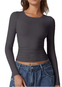 QINSEN Womens Crewneck Long Sleeve Shirt Double Lined Basic Tees Side Ruched Going Out Crop Tops, L