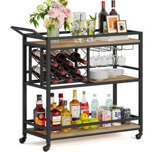 FATORRI Bar Cart for The Home, Rolling Wine Carts on Wheels with 3 Tier Wood Shelves, Liquor Beverage Cart with Wine Rack and Glass Holder (Rustic Oak)