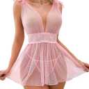 Lilosy Sexy Polka Dots Mesh Sheer Babydoll Chemise Lingerie Set Floral Lace Sleep Wear Women Deep V Slip Night Dress Nighty Negligee Gown With Thong 2 Piece Pink Large
