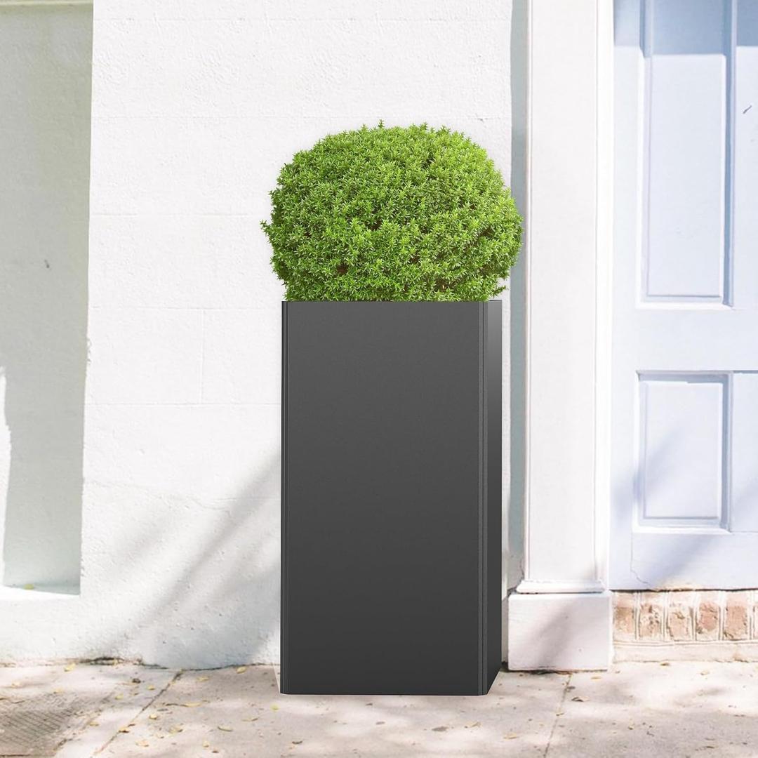 Tall Planters 26 Inch Square Metal Plant Pot with Removable Insert Shelf and Drainage-Modern Tall Black Planters for Indoor & Outdoor-Front Porch,Patio,Garden (14" L X 26" H) (L:13.8in x W:13.8in x H:26in)