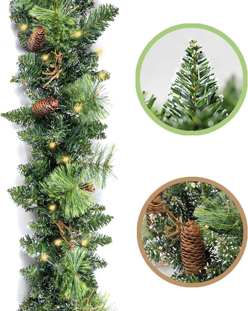 Christmas Garland Prelit 9 Ft Battery Operated with 50 Led Lights, Pine Cone and Snow Style Xmas Garland, Christmas Decor for Mantle StairIndoor Outdoor