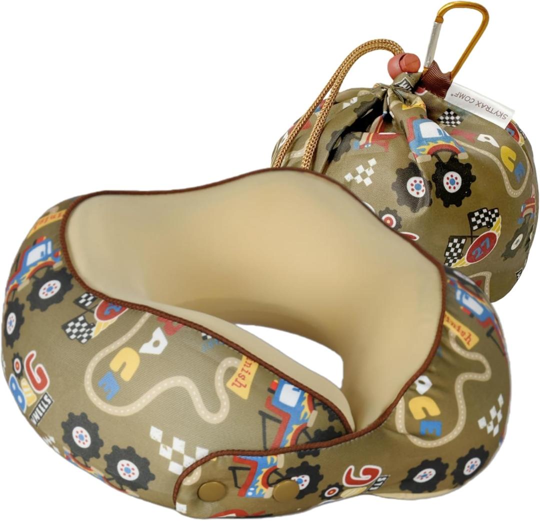 SKYTRAX Certified Kids Safe Memory Foam Travel Neck Pillows for Kids and Toddlers, Cute Cartoon Design, Car Seat & Airplane Head Neck Support, Adjustable Snap Buttons, Washable Soft Cover (Racecar)