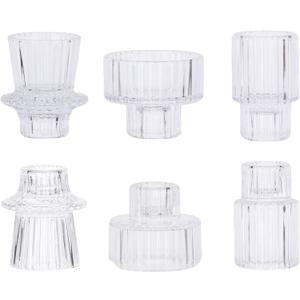 AuroTrends Fluted Glass Taper Candle Holders for Candlesticks 3Pack, Table Centerpieces -Wedding and Dinner Party Decor (Transparent, Set of 6)