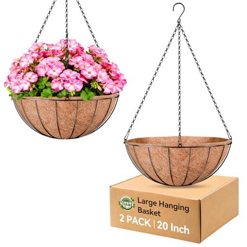 Halatool 20 Inch Large Hanging Planters for Outdoor Plants, 2 Pack Metal Outdoor Hanging Baskets with Coco Liner, Round Hanging Flower Pot for Plants Flowers Garden Decorations
