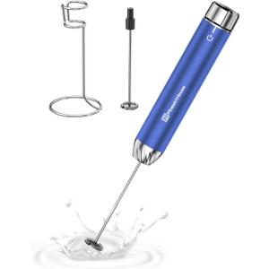 Maestri House Rechargeable Milk Frother with Stepless Speed Control, Handheld Electric Foam Maker Waterproof Drink Mixer Foamer with Stainless Steel Stand & Whisks (Metallic Blue)