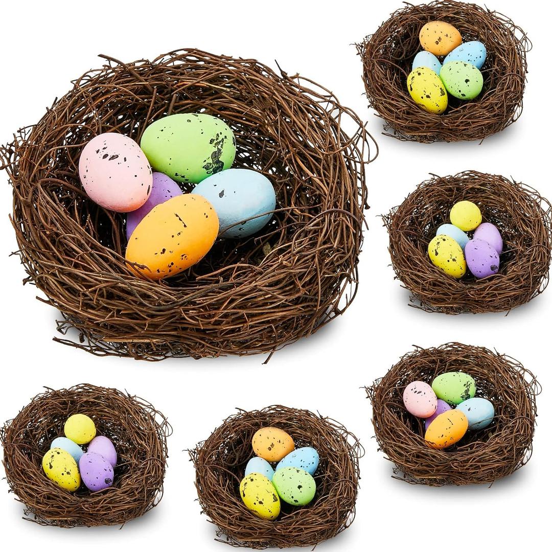 Yookeer 6 Pcs Easter Bird Nest with 30 Pcs Eggs Spring Party Decoration Handmade Miniature 4 Inch Birds Nests Decorative for DIY Spring Displays and Easter Decorations(Random)