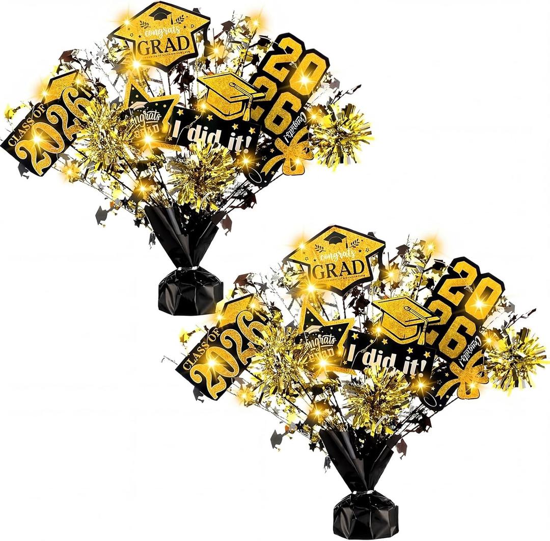 DoubleFill 2 Set Graduation Decorations Class of 2026 Graduation Table Centerpieces Sticks Table Toppers with Lights for College High School Congrats Grad Party Supplies(Black and Gold)