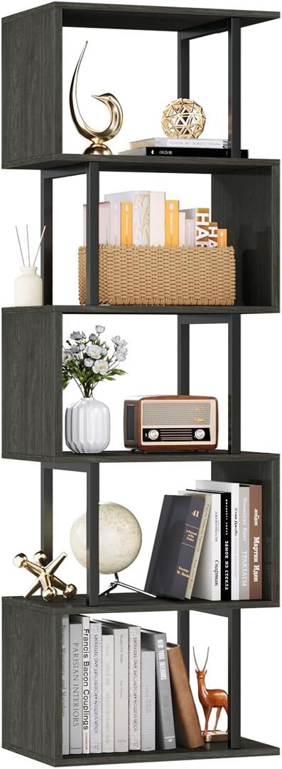 Furologee 6 Tier Bookshelf Tall Geometric Bookcase, S-Shaped Industrial Display Standing Shelf, Metal and Wood Decorative Storage Room Divider Shelves for Bedroom, Living Room, Office, Light Black Oak (6 Tier, Light Black Oak)