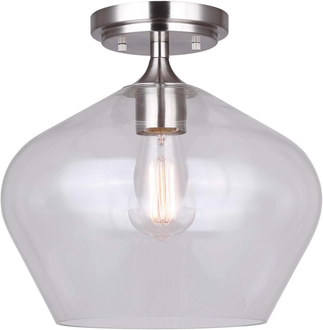 CONALL 1 Light Flush Mount Ceiling Fixture Brushed Nickel Finish with Clear Wine Glass Shade Transitional Style for Hallway or Entryway