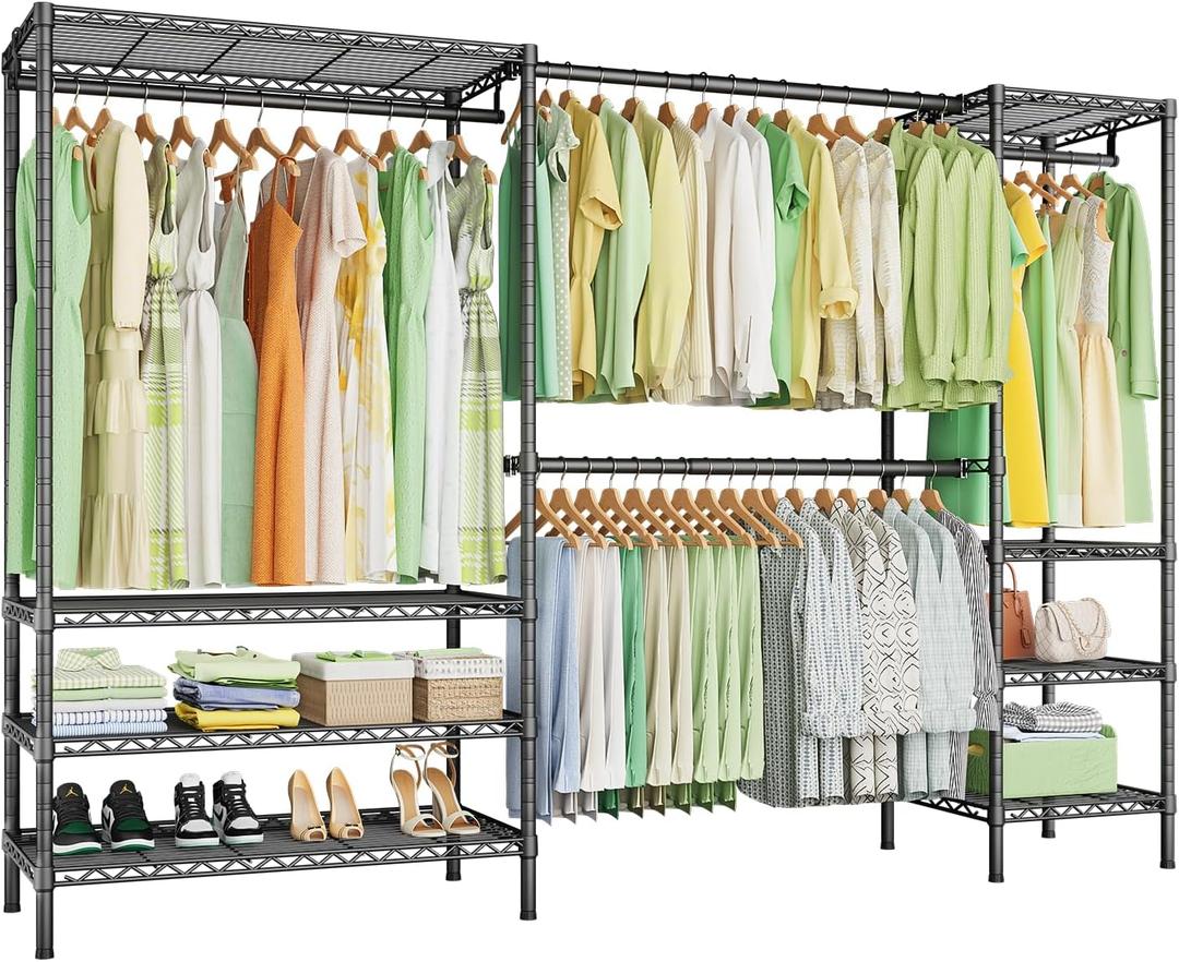 Ulif E11 Heavy-Duty Garment Rack, Metal Freestanding Clothes Rack and Closet Storage Organizer System with 8 Shelves and 4 Hanger Rods, (73.2-97.6)" W x 14.5" D x 71.2" H, Load 1034 LBS, Black