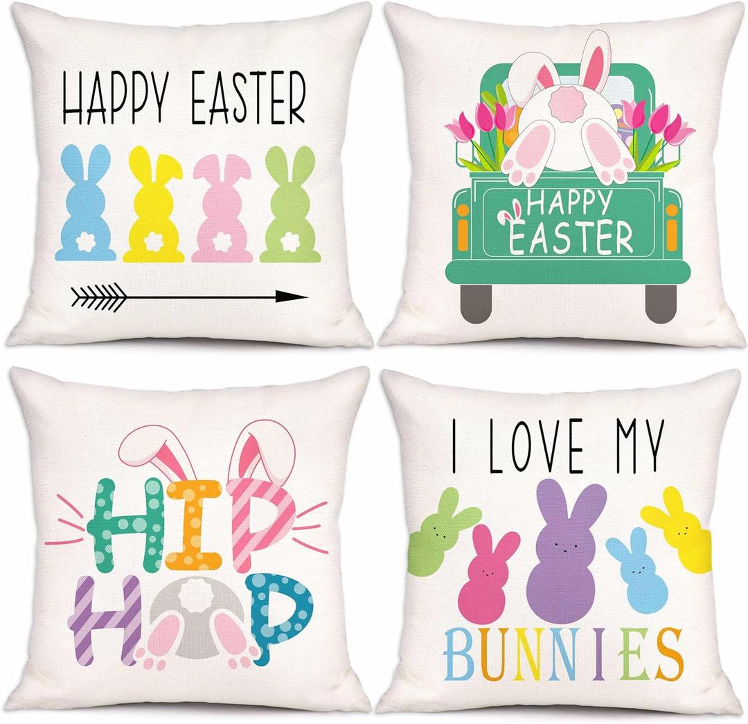 4PCS Easter Decorations Bunny Throw Pillow Covers 18x18 for The Home - Spring Decor DecorativeThrow Pillow Case for Party (Fillers Not Include)