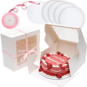 Bakepacker 36pcs 10x10x5 inches Cake Boxes with Window 18-Packs 10 Inch White Bakery Boxes (18 Cake Boxes +18 Cake Boards+10 Meters Silk Ribbon Includes Included)