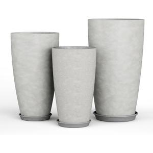 QCQHDU 24, 21, 18 inch Tall Planters for Outdoor Plants, with Drainage Hole & Saucer, Set of 3 Tall Outdoor Planter for Indoor & Outdoor Plants, Modern Home Decor