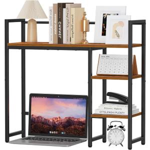 Snughome Desk Shelf, 31.9" Desktop Organizer Shelf, Desk Hutch for Computer Monitor, 4 Tier Desktop Display Rack, Wood Desktop Bookshelf Storage Rack for Home Office Dorm, Rustic Brown