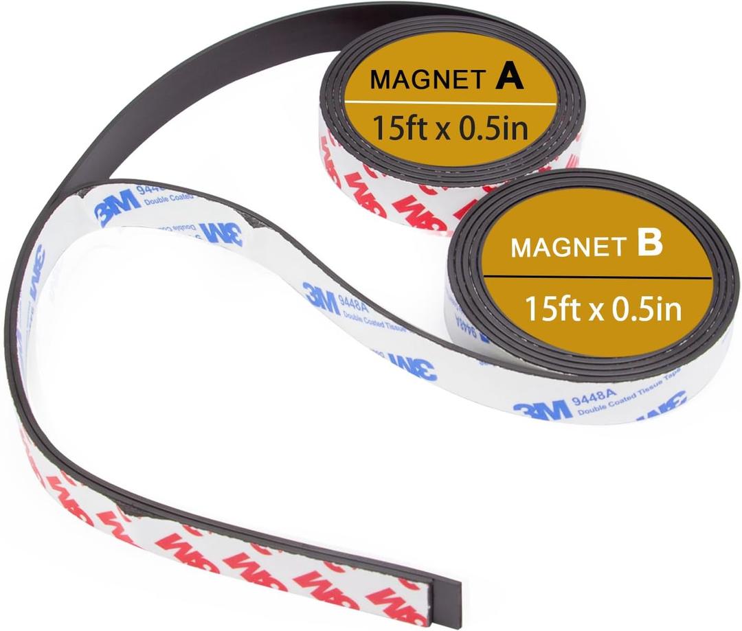 A+B Magnetic Tape with Adhesive Backing, (15ft x 0.5in x 2Pack) a b Paired Flexible Magnet Strips Match to Use for DIY Crafting