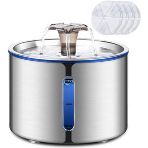 Cat Fountain, 84oz/2.5L Stainless Steel Pet Water Fountain, Automatic Dog Water Dispenser, Water Level Window, Ultra-Quiet Pump, Perfect for Cats, Dogs and Multiple Pets, 4 Filters
