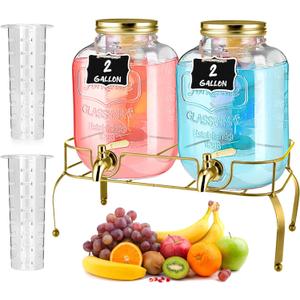 Lallisa 2 Pcs 2 Gallon Glass Drink Dispenser with Stand Ice Cylinder Hanging Chalkboard Signs 18/8 Stainless Steel Spigot Beverage Dispensers for Parties Mason Jar Drink Lemonade (Gold)