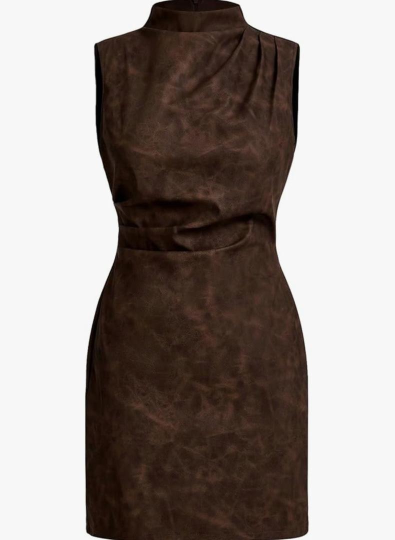 Women's PU Leather Ruched Bodycon Dresses Mock Neck Sleeveless Zipper Mini Tank Dress Large