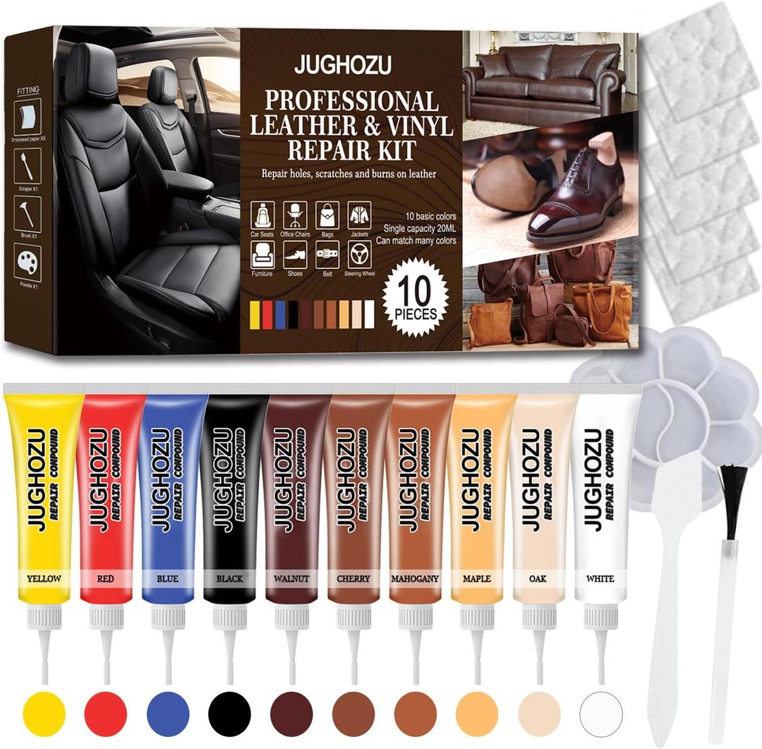 Leather Repair Kit for Furniture, Car Seats, Jacket, 2026 New Vinyl Repair Kit with Easy Instructions to Match Any Color. Fix Tears, Scratches, Holes & Peeling on Genuine, Faux, Bonded.