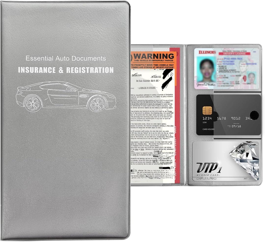 povtii Registration Insurance Holder, 5.2"9.6" Insurance Card Auto Document Organizer with Sticky Shut, Waterproof Leather Paperwork License Glove Box Wallet Case, Car Accessories (Gray)