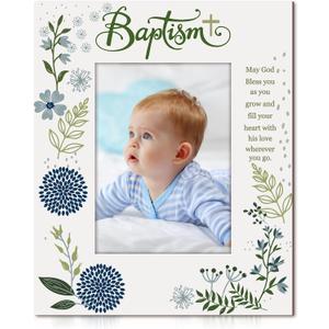 YLOLUL Baptism Picture Frame for Baby Boys and Girls Baptism Photo Frames Baptism Wooden Picture Frame Christening Gifts Baptism Gift for Infant Baby Shower Kids Children Godchild Religious (blue)