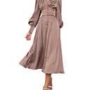 xxxiticat Women's Puff Sleeve Satin Maxi Dress Long Lantern Sleeve Button Down Ruffle Single Breasted Vintage Midi Dresses(BR,S) Brown Size S