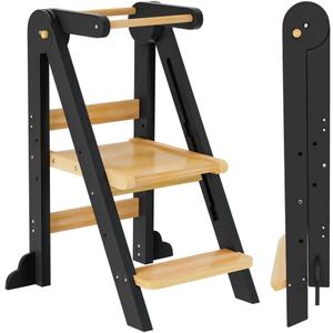 Toddler Tower, Foldable Step Stool for Toddlers, Toddler Kitchen Stool Helper with 3 Adjustable Height Safty Rail and Anti-Tip Structure, Learning Tower for Toddlers Baby Kids (Black)