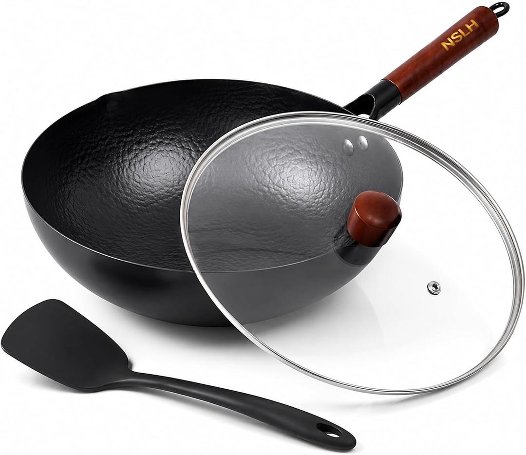 12.6 Inch Carbon Steel Wok Pan with Glass Cover, Pre-Seasoned Nonstick Flat Bottom Wok for Chinese Cooking, Woks & Stir-Fry Pans Cookware, Compatible with Induction, Electric, Gas & Halogen