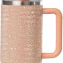 Grenada 40oz Rhinestone-Encrusted Insulated Tumbler - Premium Bling Stainless Steel Water Bottle with Handle, Double Wall Vacuum Technology, Includes Leakproof Lid and Straw (Peach Fuzz)