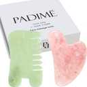 Padime 2 pcs | Premium Set Massage 2-in-1 | Rose Quartz Gua Sha Stone Facial Tools + Jade Comb Scalp Massager | Puffiness Reducing & Relieve Muscle Tension - Stimulates and Strengthens Hair Growth