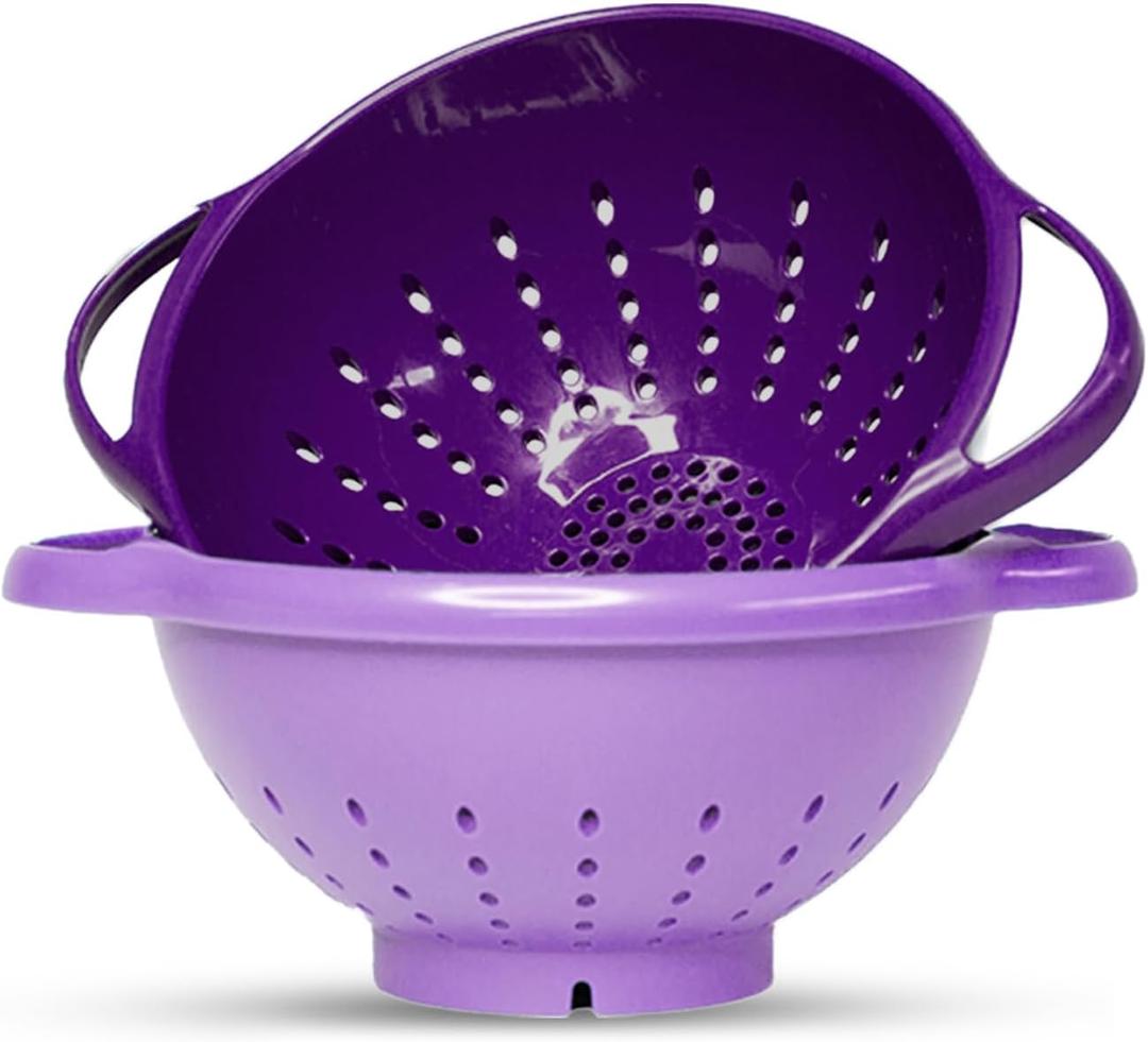 Crisp 2-Piece Mini Colander Berry Baskets With Handles - Food Strainers For Kitchen - Small Colander For Berries, Strawberry & Grape - Dishwasher Safe Berry Strainer - Made in the USA - Purple